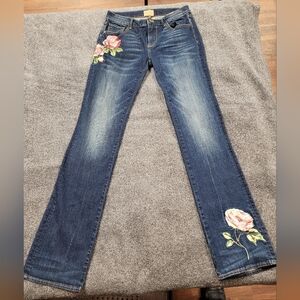 DRIFTWOOD Dark Blue Straight-Leg Jeans with Pink Rose Embroidery